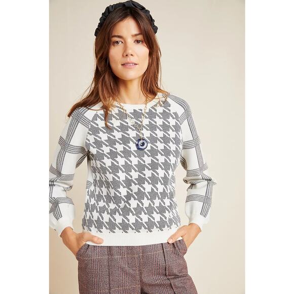 Anthropologie Bailey Houndstooth Crewneck Sweater Womens Small White Windowpane - Picture 2 of 10
